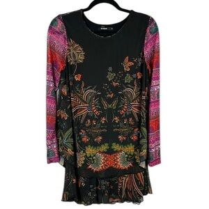 Desigual Whimsical Chiffon Sheer Layered Multicolour Medium Tunic Top Dress